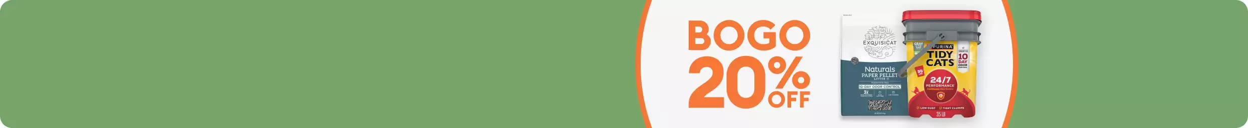 BOGO 20% OFF shown with Exquisicat & Tidy Cats litter