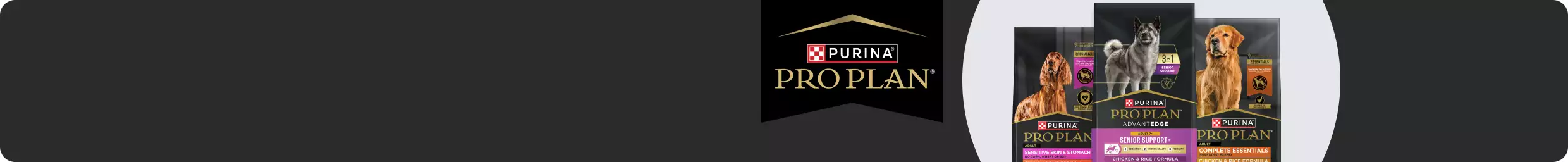 Purina Pro Plan shown with 3 bags & varieties of dry dog food