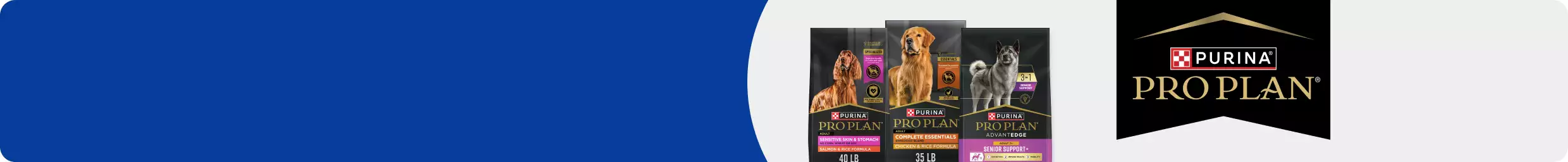 Purina Pro Plan shown with 3 bags & varieties of dry dog food