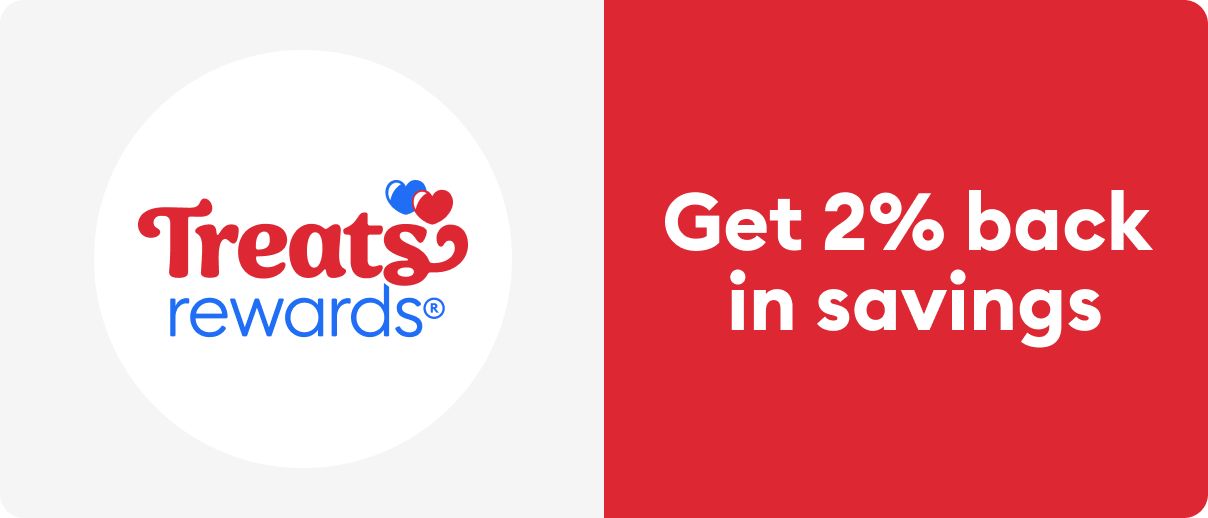 Treats Rewards Get 2% back in savings red background