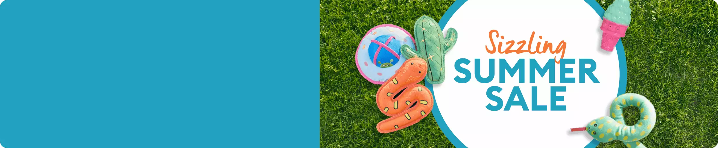 Limited-time Sizzling Summer Sale message on grass background with inflatable snakes, cactus & ice cream