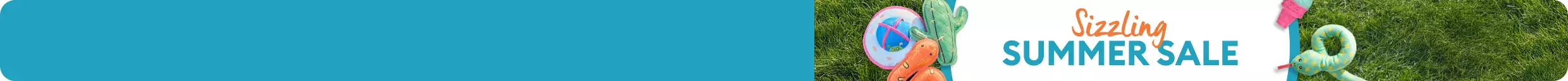 Sizzling Summer Sale message on grass background with inflatable snakes, cactus & ice cream