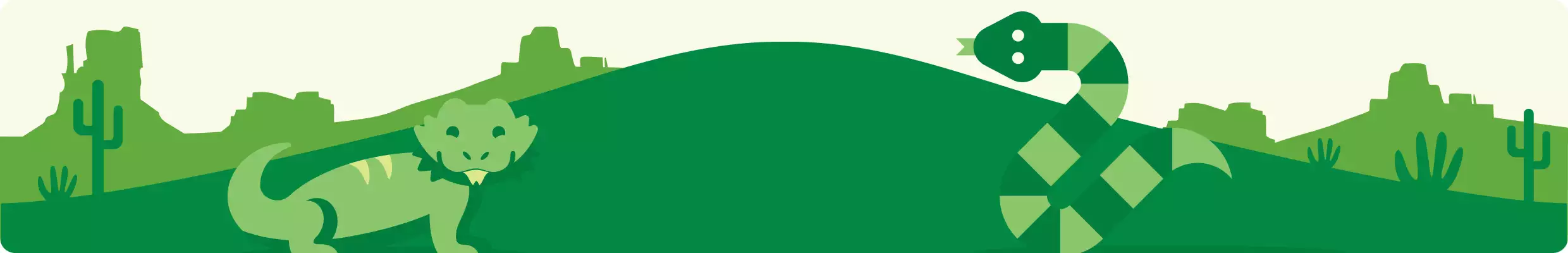 A green lizard, and a green striped snake against a mountainous desert background