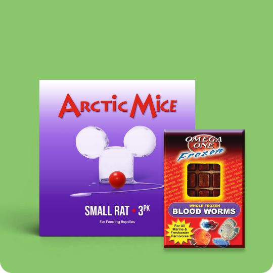 Arctic Mice frozen rat package and Omega One frozen blood worms package