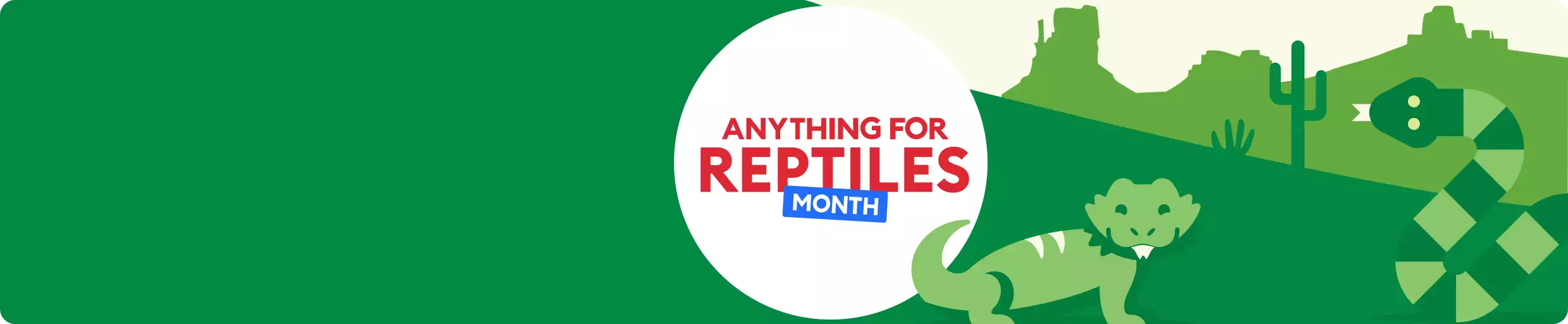 Anything for Reptile Month logo, a green lizard, and a green striped snake against a mountainous desert background