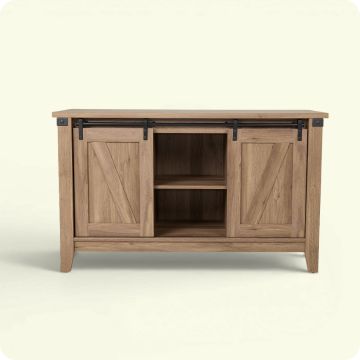A wooden stand with two doors on either side of an open middle shelf