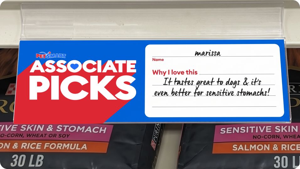 Associate Picks shelf sign with a recommendation from associate Marissa: It tastes great to dogs & it's even better for sensitive stomachs!