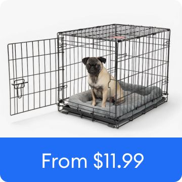 Dog sitting on a crate mat inside an open wire crate
