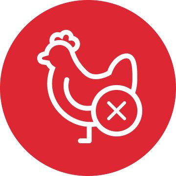 White chicken outline graphic with a small “X” symbol inside a red circle