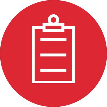 White clipboard graphic inside a red circle