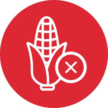 White corn cob graphic with a small “X” symbol inside a red circle