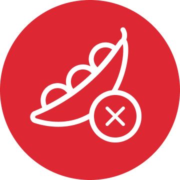 White pea pod graphic with a small “X” symbol inside a red circle