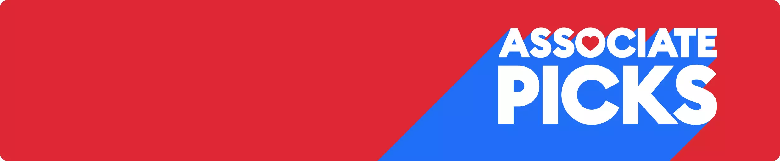White & blue Associate Picks logo with heart icon against red background