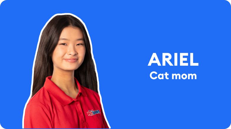 PetSmart Associate Ariel in a profile graphic with a blue background and the text “Ariel” & “Cat mom”