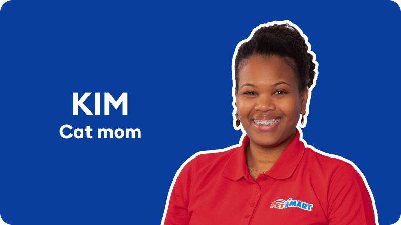 PetSmart Associate Kim in a profile graphic with a blue background and the text “Kim” & “Cat mom”