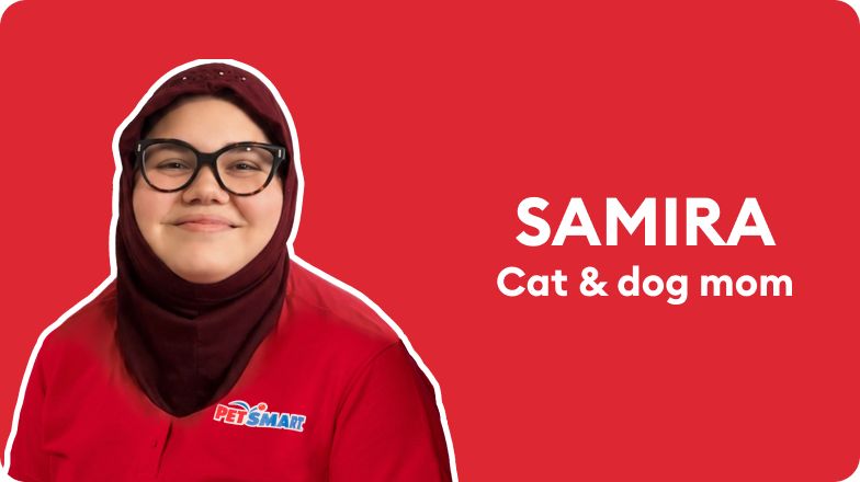 PetSmart Associate Samira in a profile graphic with a red background and the text “Samira” & “Cat & dog mom”