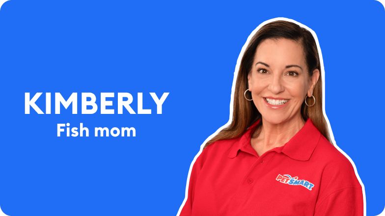 PetSmart Associate Kimberly in a profile graphic with a blue background and the text “Kimberly” & “Fish mom”