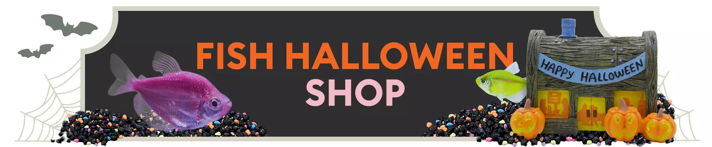 Fish Halloween Shop message with bats, cobweb & ghost graphics, purple & green fish, and Halloween-themed tank decor