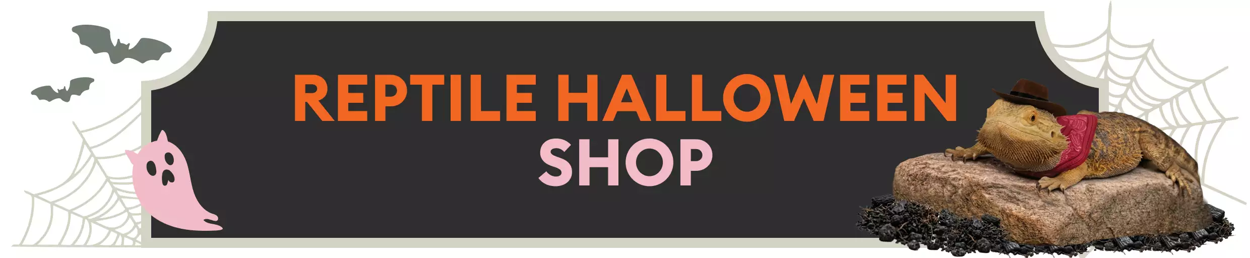 Reptile Halloween Shop message with bats, cobweb & ghost graphics and bearded dragon in cowboy costume perched on rock