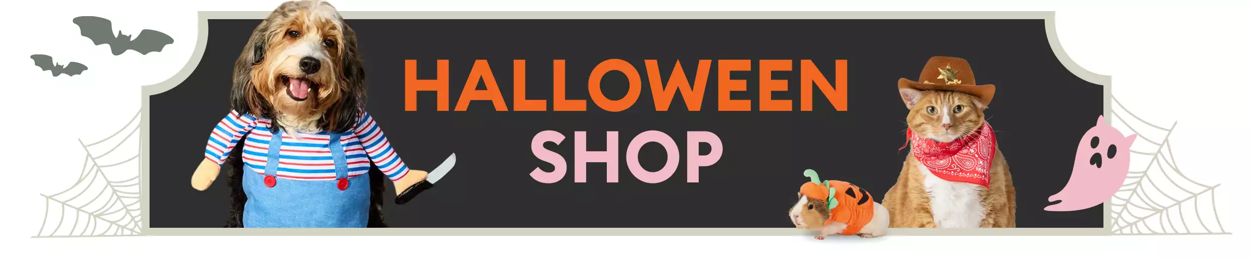 Halloween Shop message with bats, cobweb & ghost graphics and dog, cat & hamster in costumes
