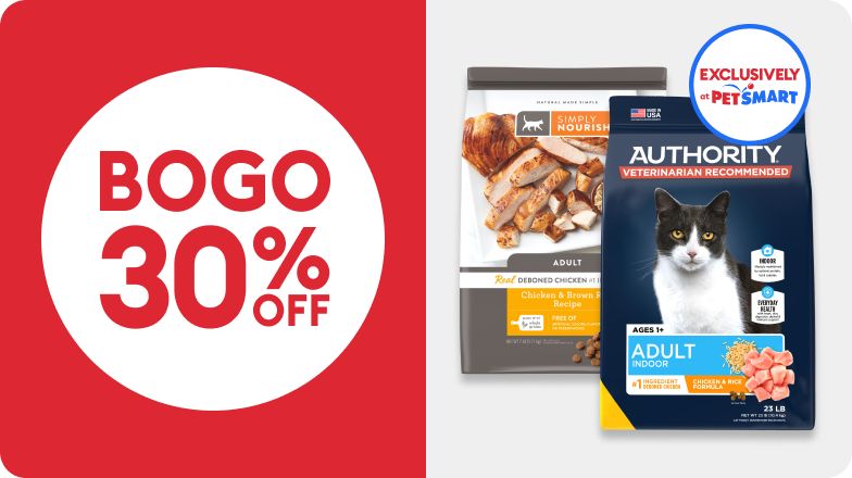 BOGO 30% OFF callout, Exclusively at PetSmart badge & two bags of cat food
