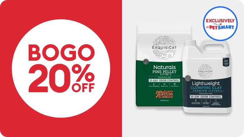 BOGO 20% OFF callout, Exclusively at PetSmart badge & ExquisiCat products