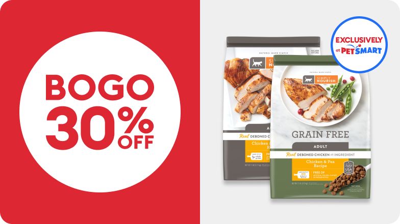 BOGO 30% OFF callout, Exclusively at PetSmart badge & two bags of cat food