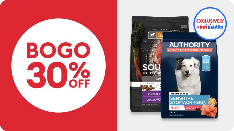 BOGO 30% OFF callout, Exclusively at PetSmart badge & two bags of dog food