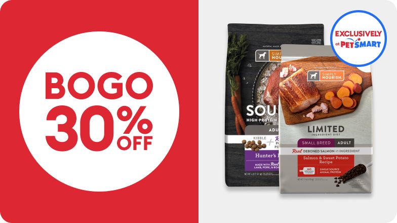 BOGO 30% OFF callout, Exclusively at PetSmart badge & two bags of Simply Nourish dog food