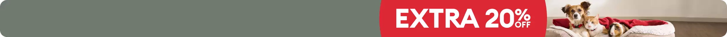 Pet cuddled together under a red blanket & an extra 20% OFF badge