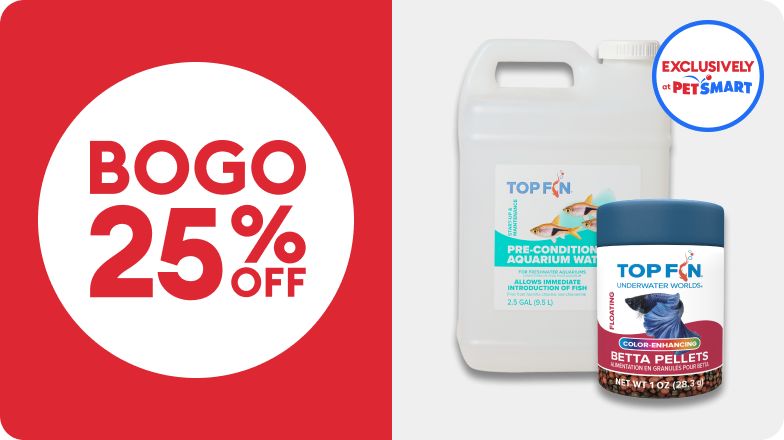 BOGO 25% OFF callout, Exclusively at PetSmart badge & Top Fin products