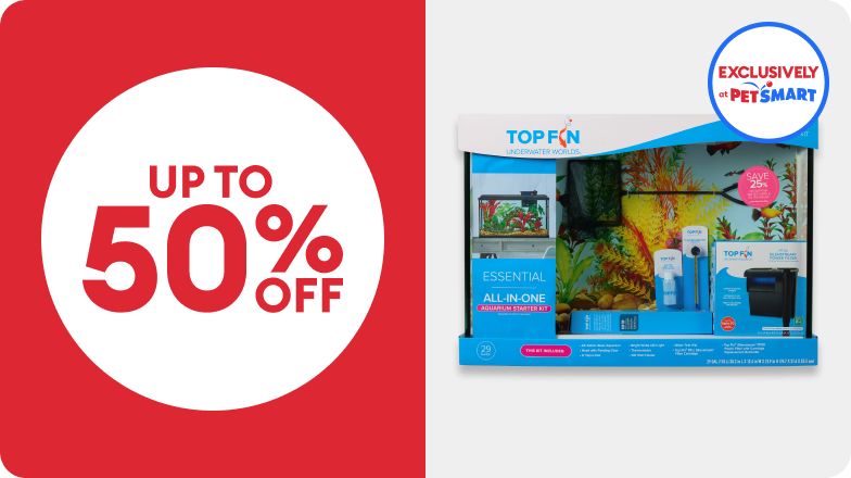 UP TO 50% OFF callout, Exclusively at PetSmart badge & Top Fin essentials starter kit