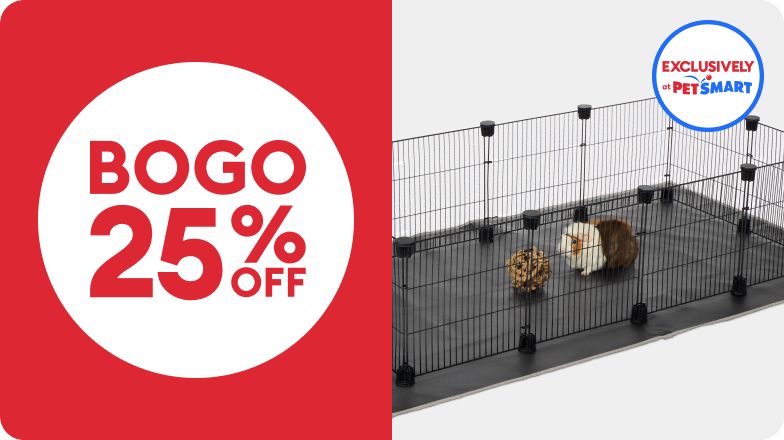 BOGO 25% OFF callout, Exclusively at PetSmart badge & a Full Cheeks modular play pen with liner