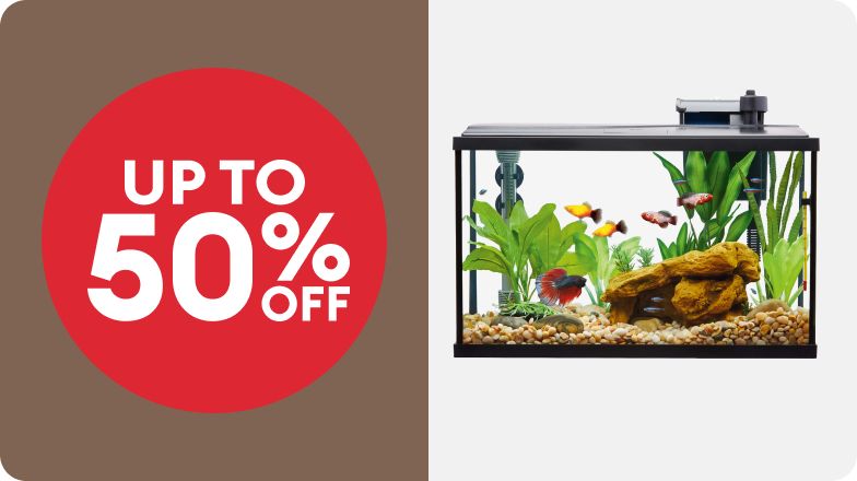 An "Up to 50% off badge" and an open-glass aquarium filled with fish, a rock, plants, and rocks