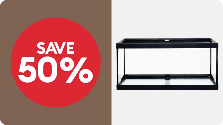 A "Save 50%" badge and an empty open-glass aquarium
