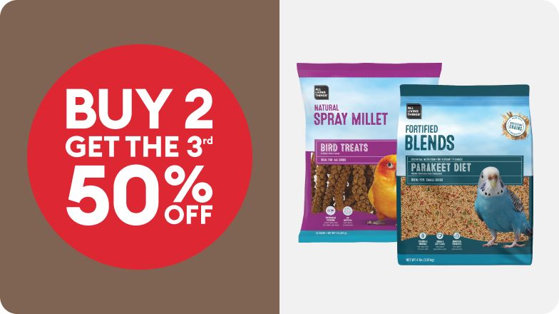 A "Buy 2, get the 3rd 50% OFF" badge with an All Living Things package of millet and a package of food