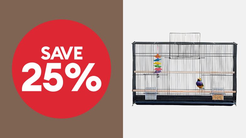 A "Save 25%" badge and a black wire bird cage with a bird, a toy, and food inside