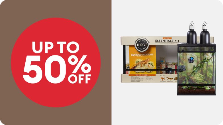 An "Up to 50% off" badge and a Thrive bearded dragon essentials kit, with a terrarium outside of its package