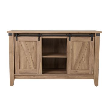 A wooden stand with two cabinets on the side of an open-shelf center