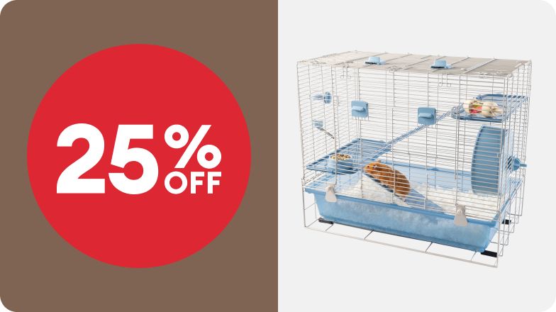 A "25% OFF" badge and a wire hamster habitat with blue plastic and a hamster, bedding, food, and toys inside