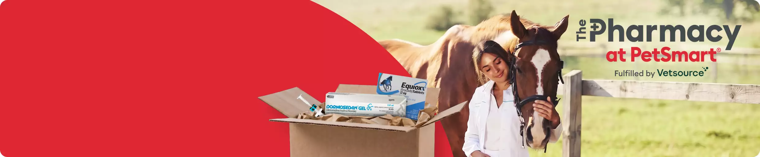 The Pharmacy at PetSmart Fulfilled by Vetsource message with box of pet prescriptions next to woman petting a horse outdoors