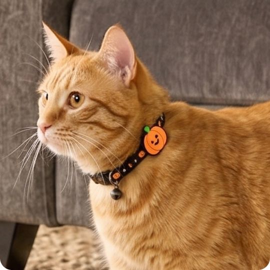 Cat wearing a Halloween pumpkin collar