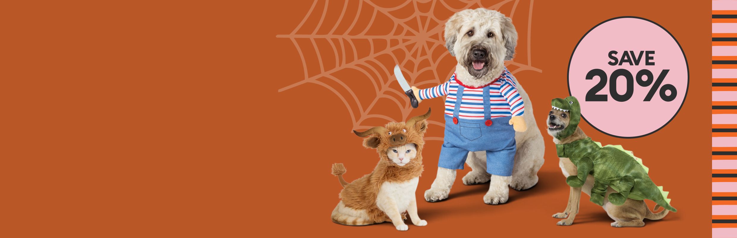 Black dog wearing a Canadian flag bandana and orange tabby cat lounging on grass with tennis balls & a save 20% callout