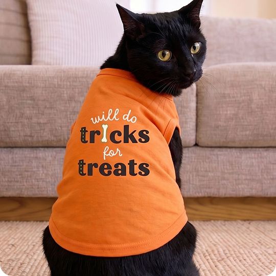 Cat wearing orange 'Will do tricks for treats' shirt