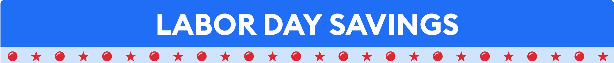 Labor Day Savings banner with ball & star illustrations