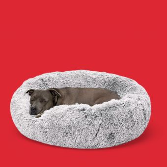 Dog lying in a FurHaven Calming Cuddler Donut Bed