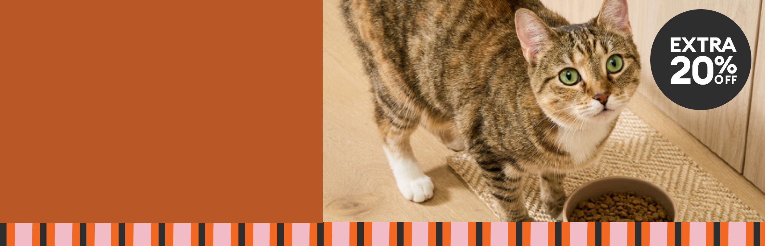 Tabby cat beside a bowl of food with a callout that reads, extra 20% off