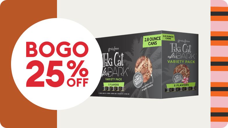 BOGO 25% OFF offer and a variety pack of Tiki Cat wet cat food