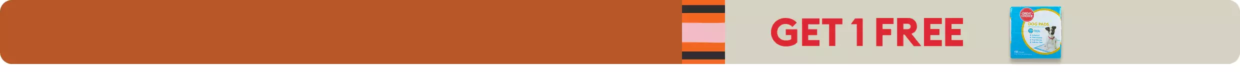 GET 1 FREE with Great Choice dog pads on rust background with stripe accents in pumpkin, rose & black