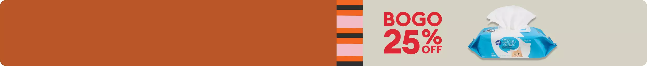 BOGO 25% OFF with Whisker City cat wipes on rust background with stripe accents in pumpkin, rose & black